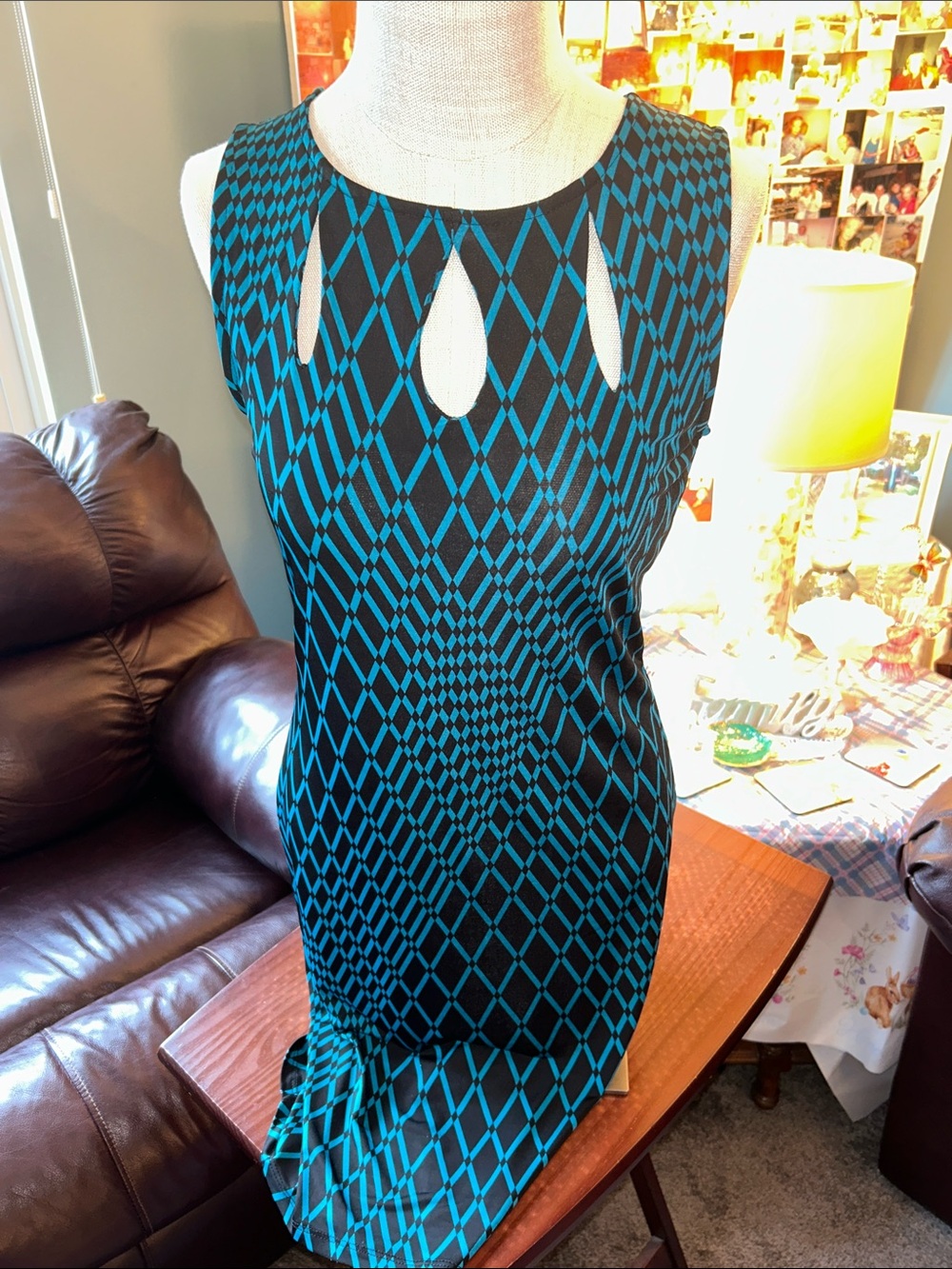 MT Collection Size XL- Sleeveless Teal and Black Geometric Midi Dress runs small